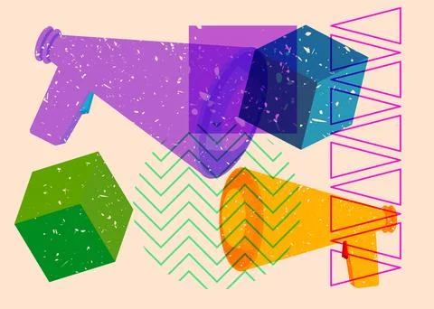 Risograph Megaphone with geometric shapes. Objects in trendy riso graph pri.. Stockillustratie