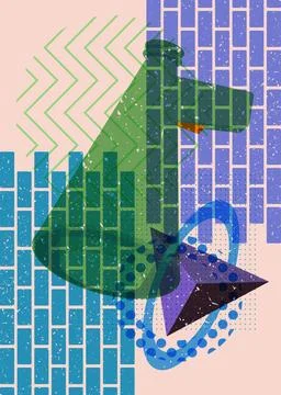 Risograph Megaphone with geometric shapes. Objects in trendy riso graph pri.. Stock Illustration