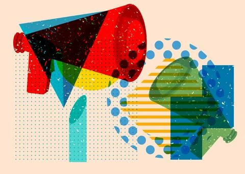 Risograph Megaphone with geometric shapes. Objects in trendy riso graph pri.. Stock Illustration