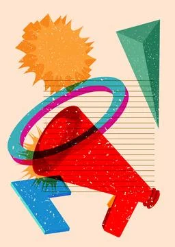 Risograph Megaphone with geometric shapes. Objects in trendy riso graph pri.. Illustrazione stock
