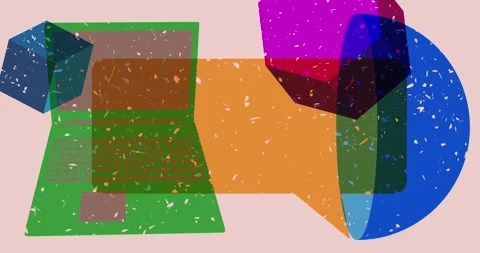 Risograph notebook, laptop and speech bubble with geometric elements video Stock Footage 321380382