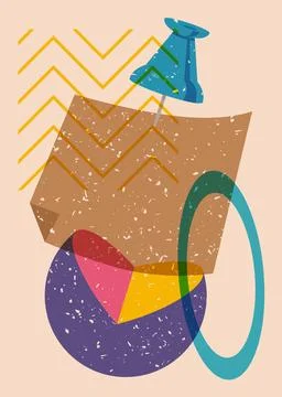 Risograph notepaper with pinned pushbutton with geometric shapes. Object in.. Stock Illustration