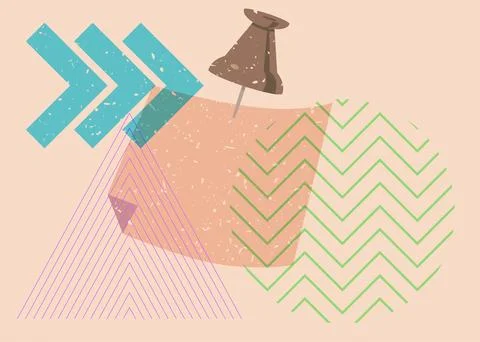 Risograph notepaper with pinned pushbutton with geometric shapes. Object in.. Stock Illustration