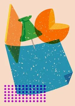 Risograph notepaper with pinned pushbutton with geometric shapes. Object in.. Stock Illustration