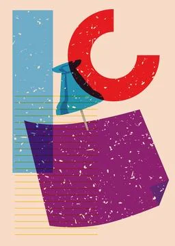 Risograph notepaper with pinned pushbutton with geometric shapes. Object in.. Stock Illustration