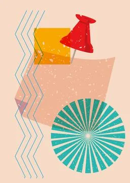 Risograph notepaper with pinned pushbutton with geometric shapes. Object in.. Stock Illustration