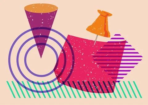 Risograph notepaper with pinned pushbutton with geometric shapes. Object in.. Stock Illustration