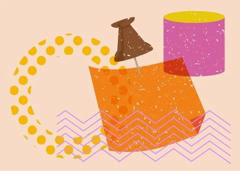 Risograph notepaper with pinned pushbutton with geometric shapes. Object in.. Stock Illustration