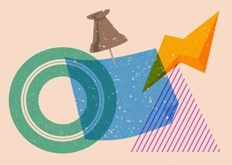 Risograph notepaper with pinned pushbutton with geometric shapes. Object in.. Stock Illustration