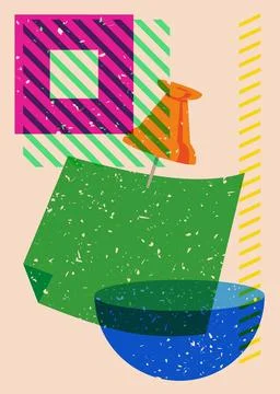 Risograph notepaper with pinned pushbutton with geometric shapes. Object in.. Stock Illustration