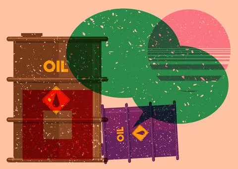Risograph Oil drum containers with speech bubble with geometric shapes. Obj.. Ilustração Stock