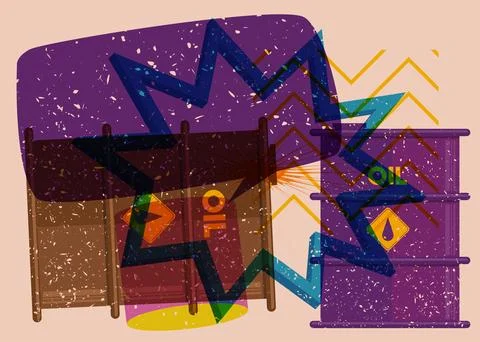 Risograph Oil drum containers with speech bubble with geometric shapes. Obj.. Stockillustratie