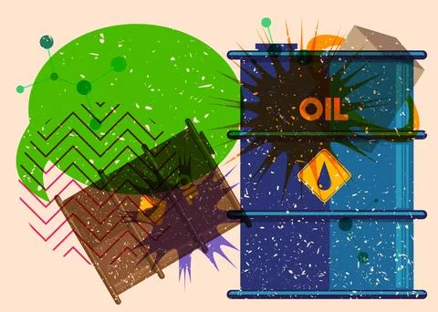 Risograph Oil drum containers with speech bubble with geometric shapes. Obj.. Stockillustratie