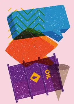 Risograph Oil drum containers with speech bubble with geometric shapes. Obj.. Stockillustratie