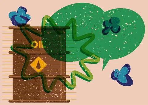 Risograph Oil drum containers with speech bubble with geometric shapes. Obj.. Ilustração Stock