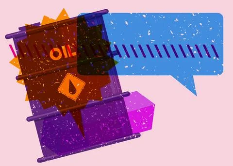 Risograph Oil drum containers with speech bubble with geometric shapes. Obj.. Ilustração Stock