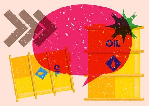 Risograph Oil drum containers with speech bubble with geometric shapes. Obj.. Stockillustratie