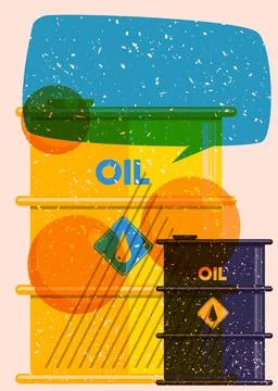 Risograph Oil drum containers with speech bubble with geometric shapes. Obj.. Stockillustratie