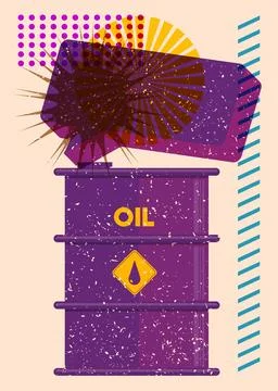 Risograph Oil drum containers with speech bubble with geometric shapes. Obj.. Stockillustratie