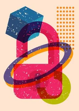 Risograph Padlock with geometric shapes. Objects in trendy riso graph print.. Illustrazione stock