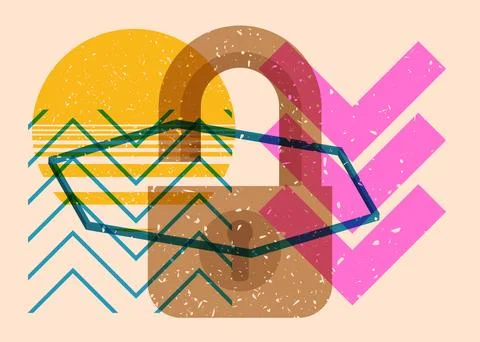 Risograph Padlock with geometric shapes. Objects in trendy riso graph print.. Stock Illustration