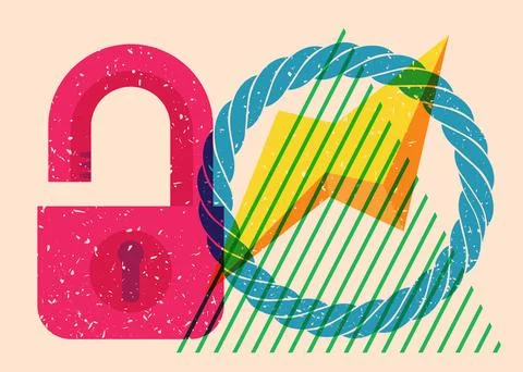 Risograph Padlock with geometric shapes. Objects in trendy riso graph print.. イラスト素材