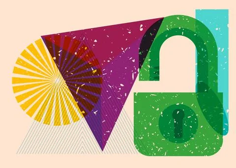 Risograph Padlock with geometric shapes. Objects in trendy riso graph print.. 스톡 일러스트