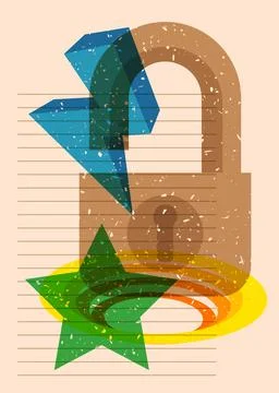 Risograph Padlock with geometric shapes. Objects in trendy riso graph print.. イラスト素材