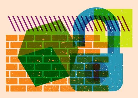 Risograph Padlock with geometric shapes. Objects in trendy riso graph print.. イラスト素材