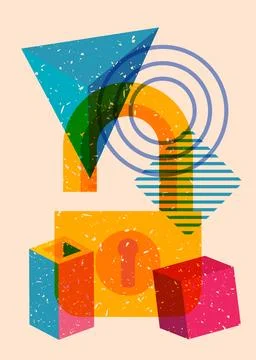 Risograph Padlock with geometric shapes. Objects in trendy riso graph print.. イラスト素材