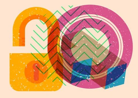 Risograph Padlock with geometric shapes. Objects in trendy riso graph print.. イラスト素材