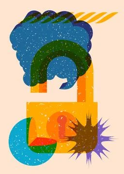 Risograph Padlock with speech bubble with geometric shapes. Objects in tren.. イラスト素材