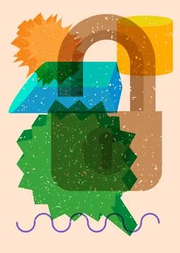 Risograph Padlock with speech bubble with geometric shapes. Objects in tren.. イラスト素材