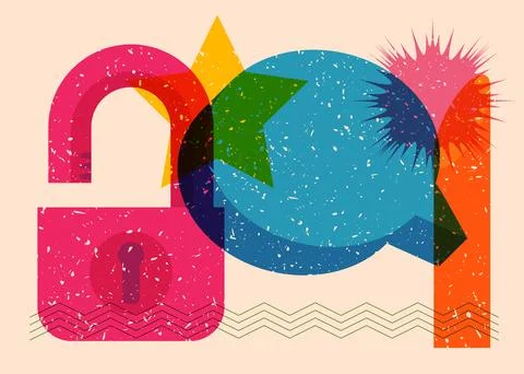 Risograph Padlock with speech bubble with geometric shapes. Objects in tren.. Illustrazione stock
