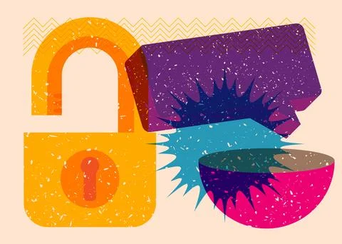 Risograph Padlock with speech bubble with geometric shapes. Objects in tren.. Stockillustratie