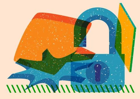 Risograph Padlock with speech bubble with geometric shapes. Objects in tren.. Illustrazione stock