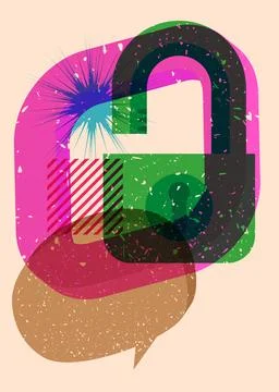 Risograph Padlock with speech bubble with geometric shapes. Objects in tren.. 스톡 일러스트