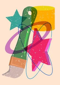 Risograph Paintbrush with geometric shapes. Objects in trendy riso graph pr.. Stock Illustration