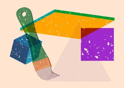 Risograph Paintbrush with geometric shapes. Objects in trendy riso graph pr.. 스톡 일러스트