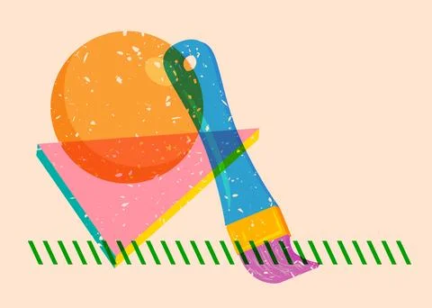 Risograph Paintbrush with geometric shapes. Objects in trendy riso graph pr.. 스톡 일러스트