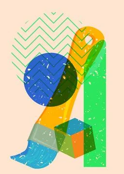 Risograph Paintbrush with geometric shapes. Objects in trendy riso graph pr.. Stock Illustration