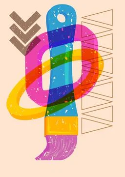 Risograph Paintbrush with geometric shapes. Objects in trendy riso graph pr.. Stock Illustration