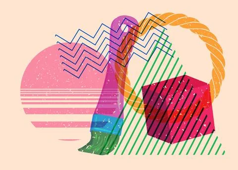 Risograph Paintbrush with geometric shapes. Objects in trendy riso graph pr.. Stock Illustration