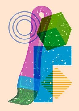 Risograph Paintbrush with geometric shapes. Objects in trendy riso graph pr.. Stock Illustration