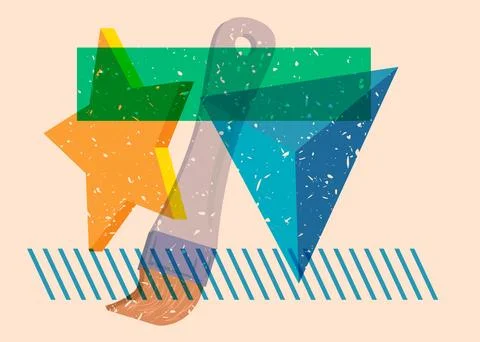 Risograph Paintbrush with geometric shapes. Objects in trendy riso graph pr.. 스톡 일러스트