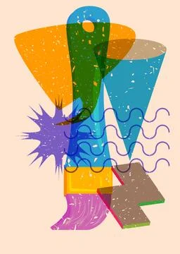 Risograph Paintbrush with speech bubble with geometric shapes. Objects in t.. Stock Illustration