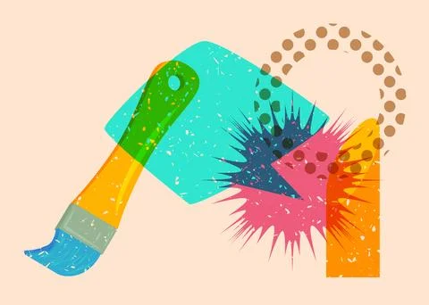 Risograph Paintbrush with speech bubble with geometric shapes. Objects in t.. Stock Illustration