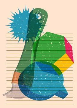 Risograph Paintbrush with speech bubble with geometric shapes. Objects in t.. Stock Illustration