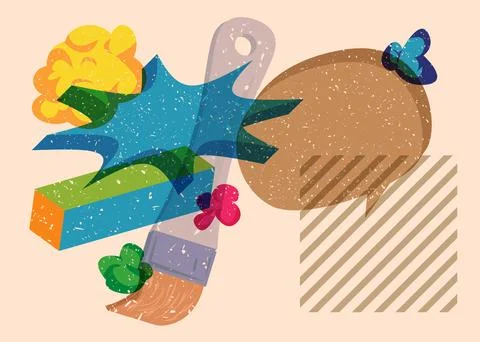 Risograph Paintbrush with speech bubble with geometric shapes. Objects in t.. Stock Illustration