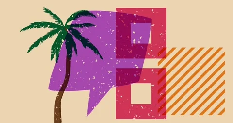 Risograph palm tree and speech bubble with geometric elements Stock Footage 278710055